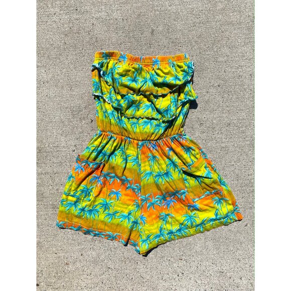 80s vintage green tropical beach print ruffle strapless romper shorts playsuit - Picture 9 of 10